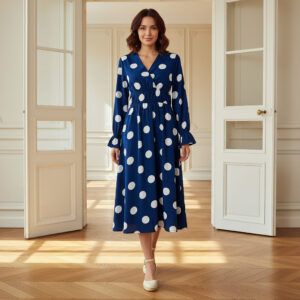 Polka Dot Print Midi Dress with Long Sleeves and Cinched Waist Detail